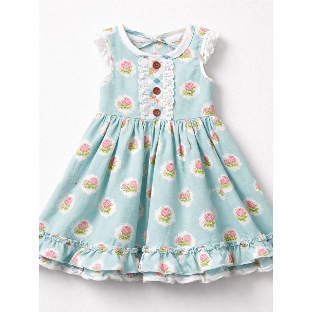Swoon Baby blue with pink rose print ruffle hem twirl dress size 5